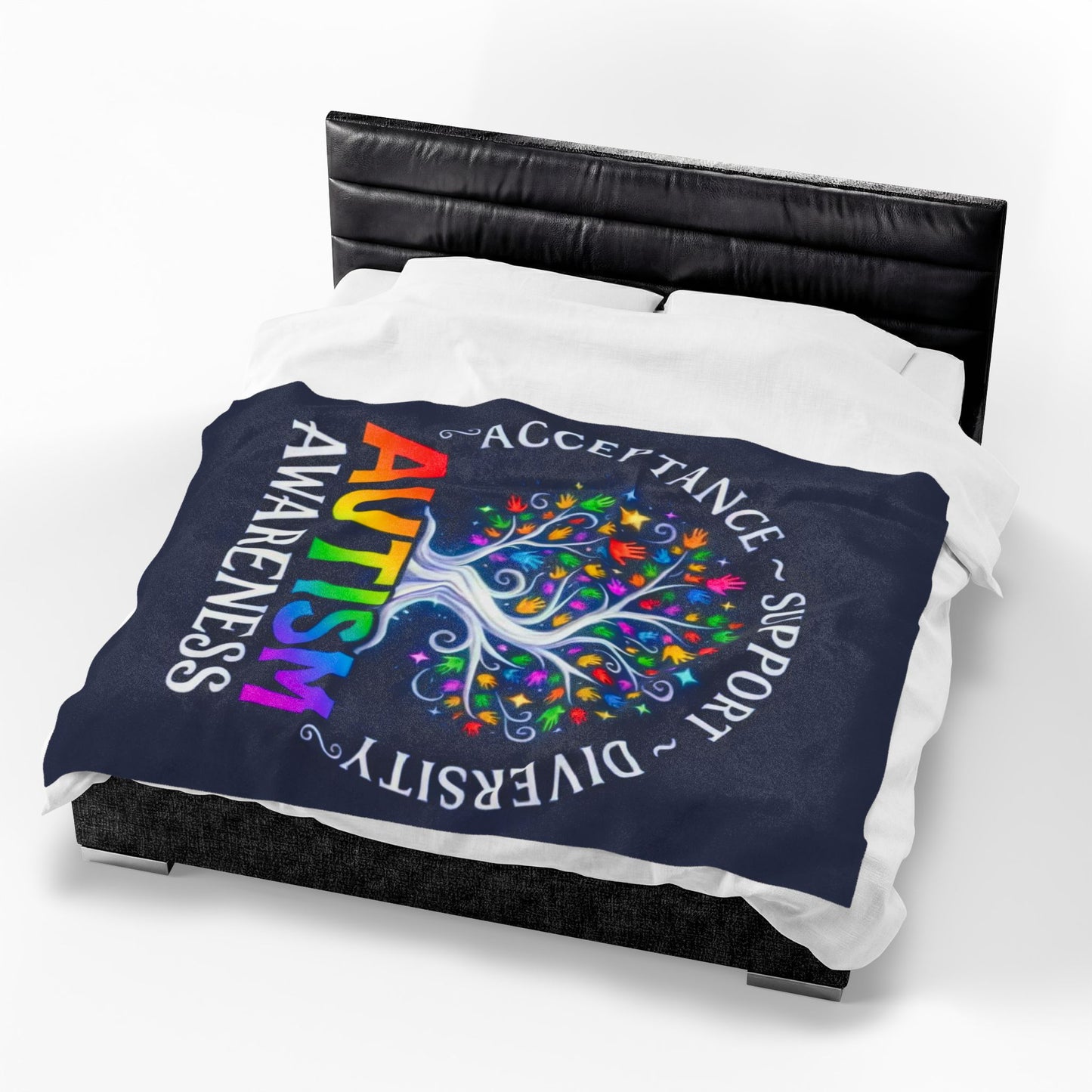 Autism Awareness Velveteen Plush Blanket "Acceptance • Support • Diversity" Rainbow Tree