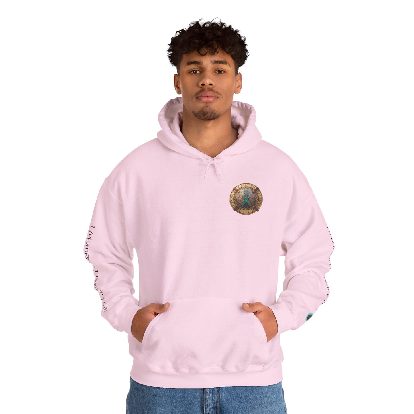 Pullover  Hoodie: "1 Momentum (Moment), 1 Spiritus (Breath), 1 Gradus (Step)" PTSD Awareness Teal Support Ribbon