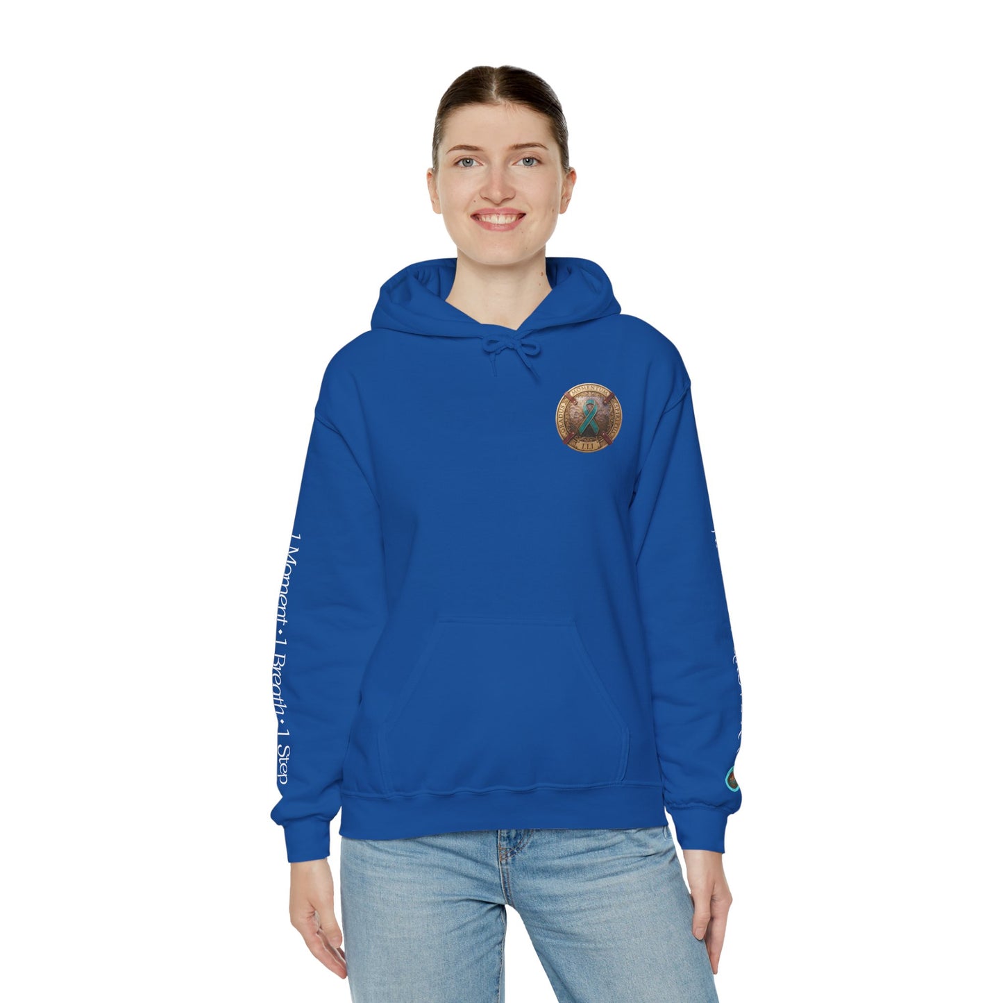 Pullover  Hoodie: "1 Momentum (Moment), 1 Spiritus (Breath), 1 Gradus (Step)" PTSD Awareness Teal Support Ribbon