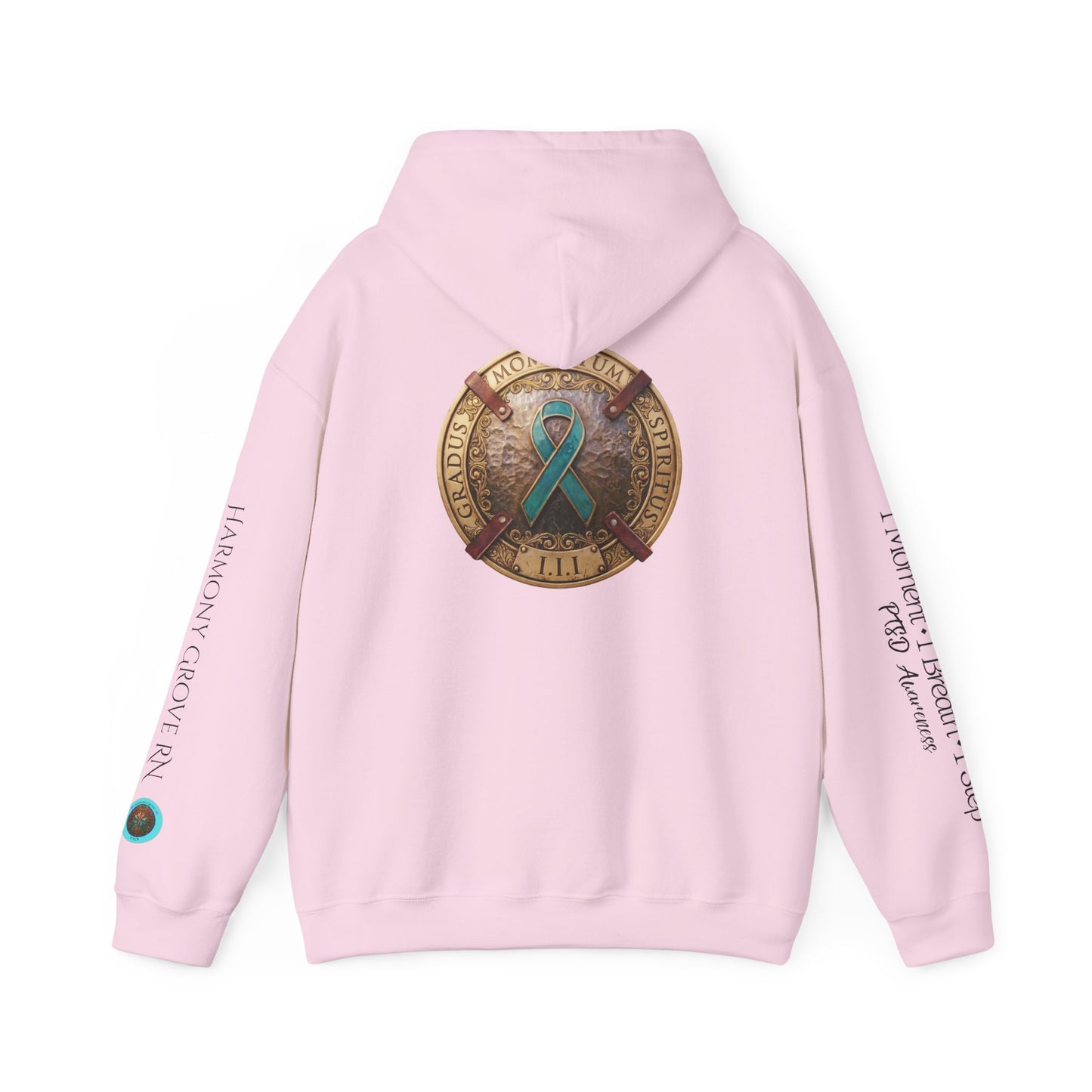 Pullover  Hoodie: "1 Momentum (Moment), 1 Spiritus (Breath), 1 Gradus (Step)" PTSD Awareness Teal Support Ribbon