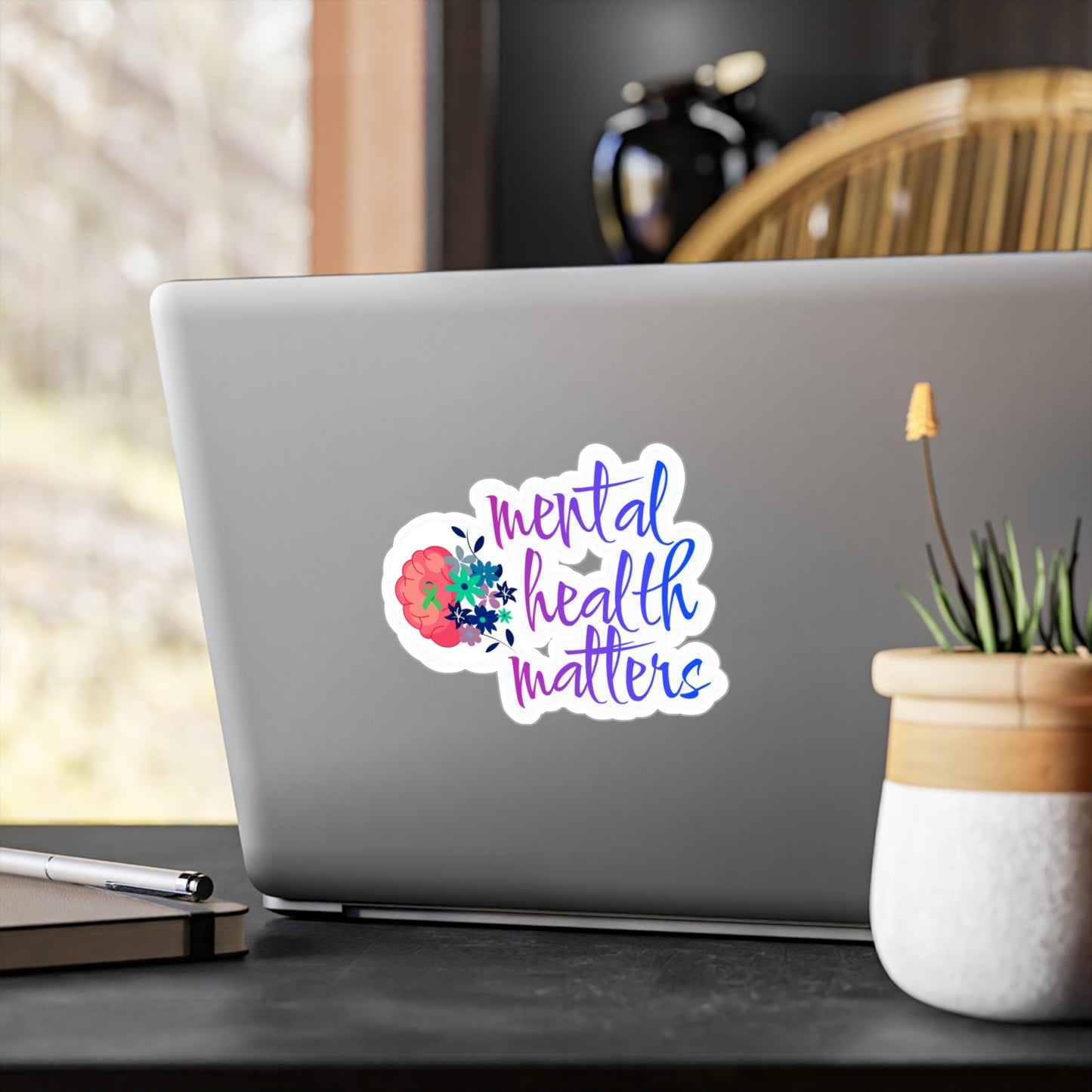 All-Weather Vinyl Decal: Mental Health Matters with Brain & Floral Design