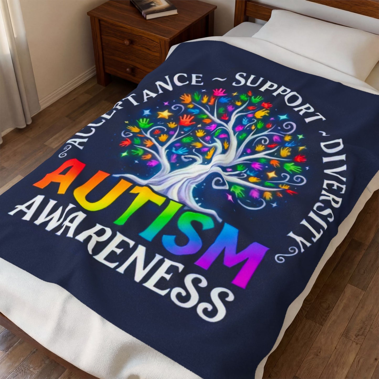 Autism Awareness Velveteen Plush Blanket "Acceptance • Support • Diversity" Rainbow Tree
