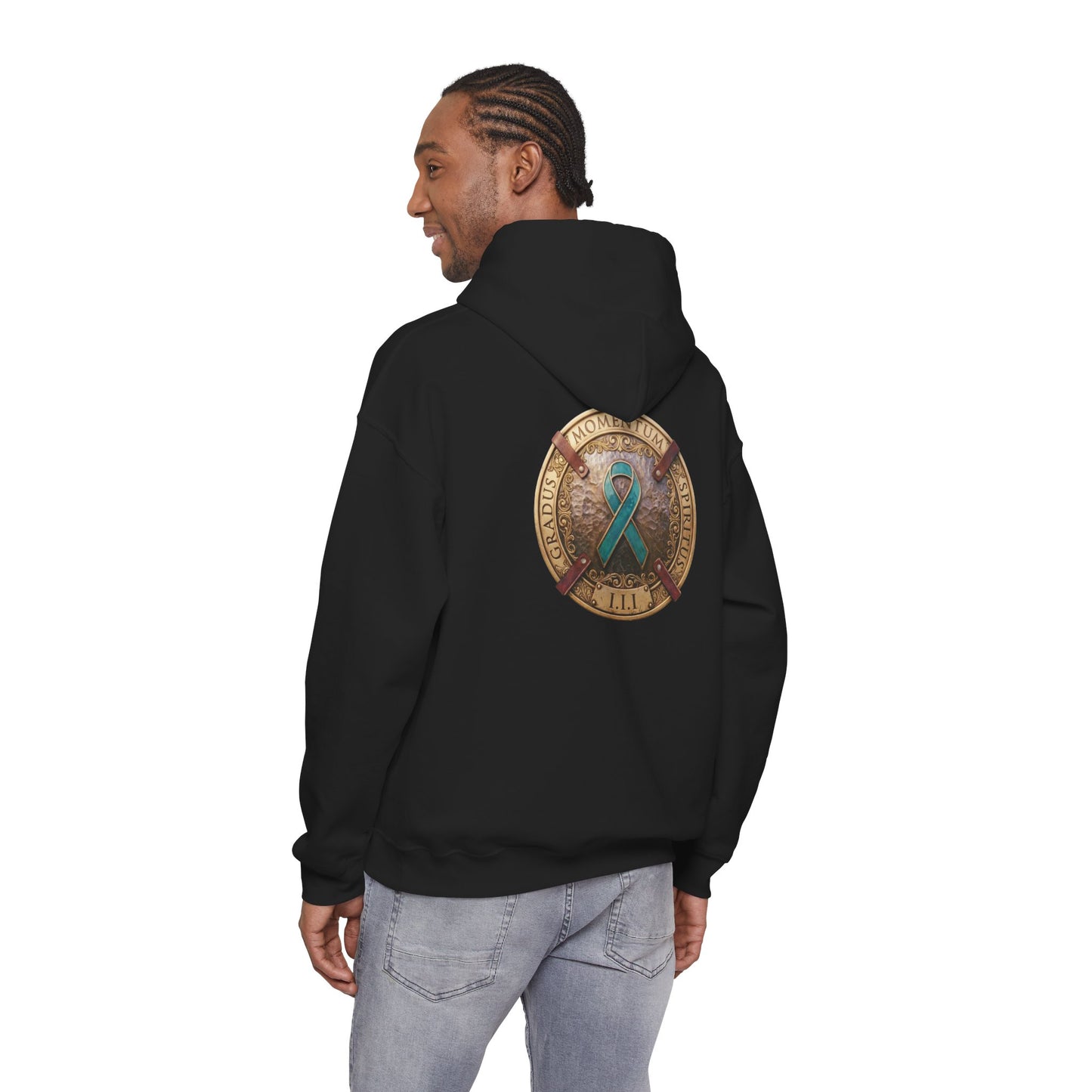 Pullover  Hoodie: "1 Momentum (Moment), 1 Spiritus (Breath), 1 Gradus (Step)" PTSD Awareness Teal Support Ribbon