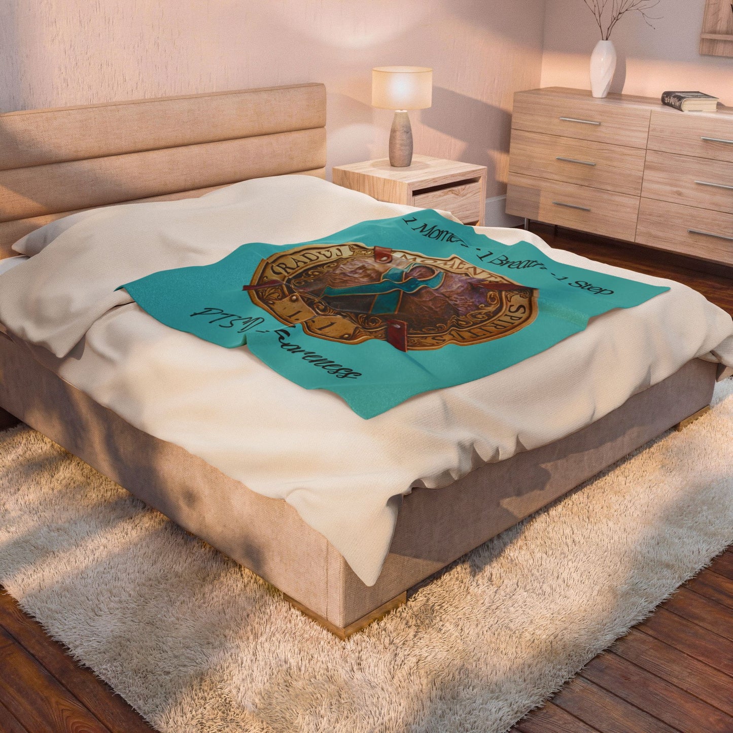 Velveteen Plush Blanket: "1 Moment • 1 Breath • 1 Step" PTSD Awareness Teal Ribbon Comfort Throw