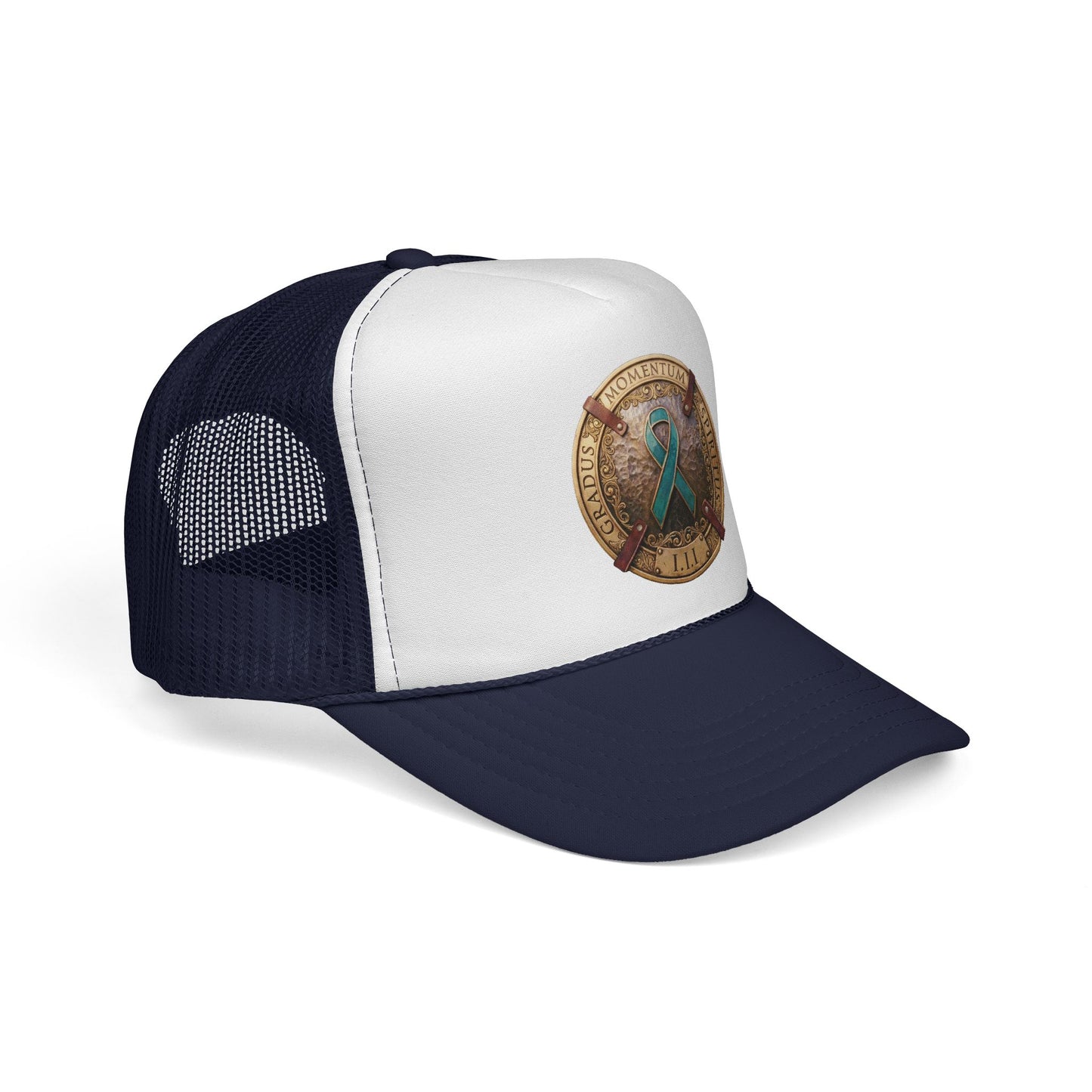 Trucker Hat: "1 Moment • 1 Breath • 1 Step" PTSD Awareness Teal Support Ribbon