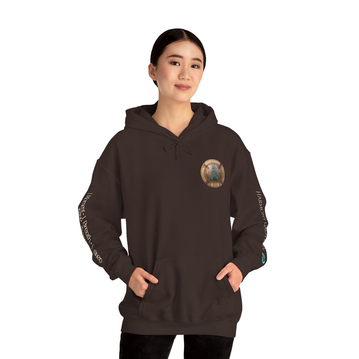 Pullover  Hoodie: "1 Momentum (Moment), 1 Spiritus (Breath), 1 Gradus (Step)" PTSD Awareness Teal Support Ribbon