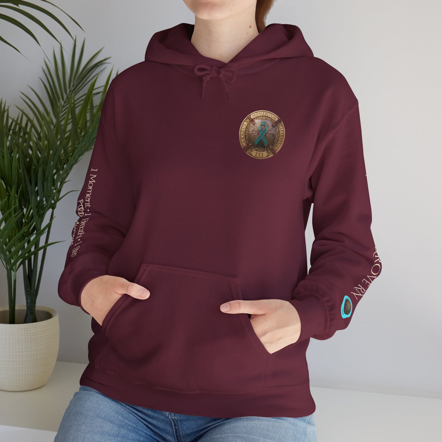 Pullover  Hoodie: "1 Momentum (Moment), 1 Spiritus (Breath), 1 Gradus (Step)" PTSD Awareness Teal Support Ribbon