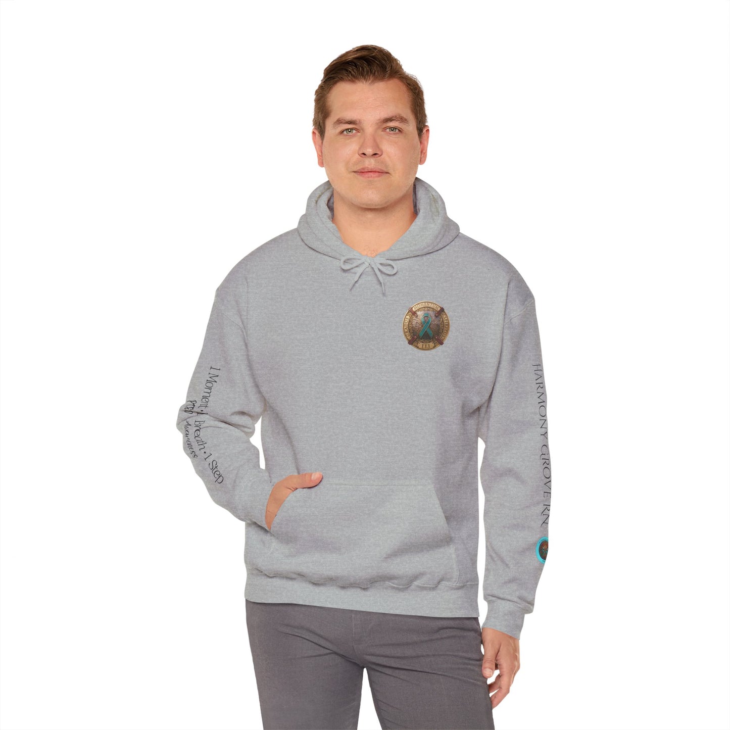 Pullover  Hoodie: "1 Momentum (Moment), 1 Spiritus (Breath), 1 Gradus (Step)" PTSD Awareness Teal Support Ribbon