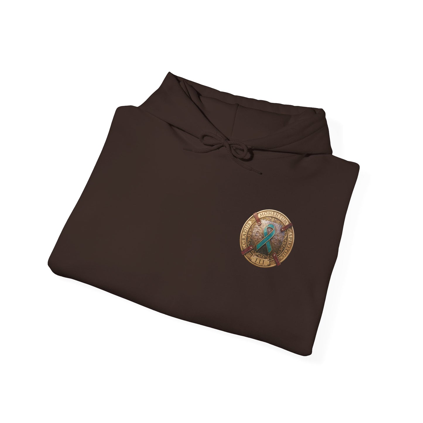 Pullover  Hoodie: "1 Momentum (Moment), 1 Spiritus (Breath), 1 Gradus (Step)" PTSD Awareness Teal Support Ribbon