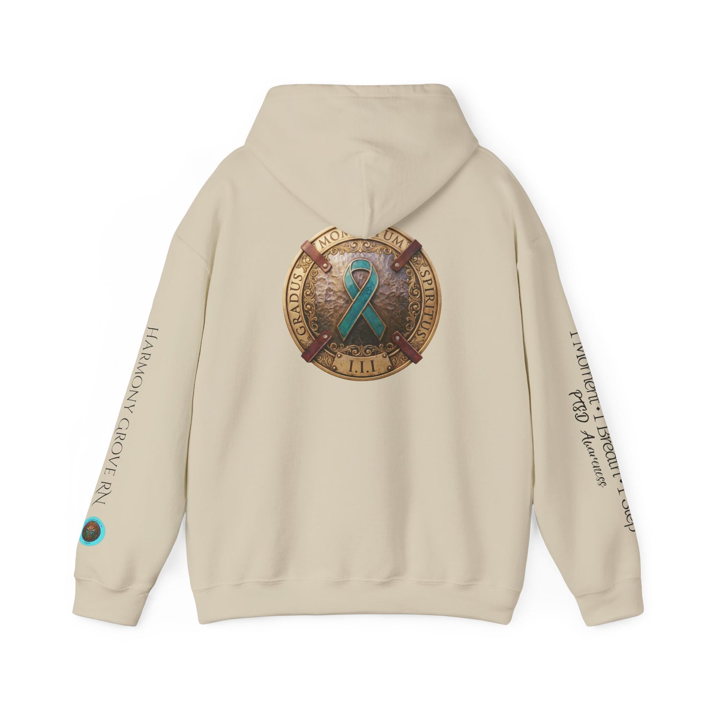Pullover  Hoodie: "1 Momentum (Moment), 1 Spiritus (Breath), 1 Gradus (Step)" PTSD Awareness Teal Support Ribbon