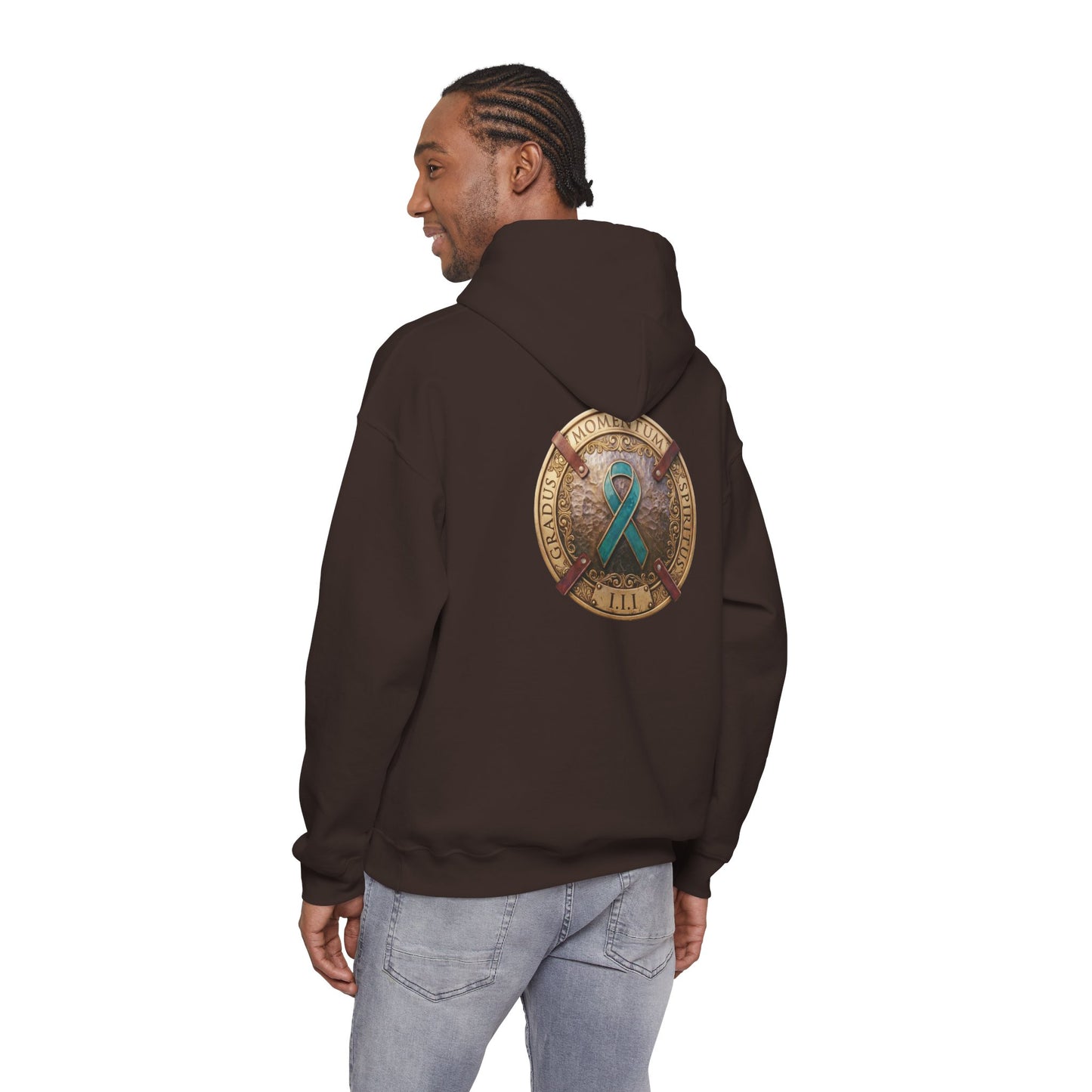 Pullover  Hoodie: "1 Momentum (Moment), 1 Spiritus (Breath), 1 Gradus (Step)" PTSD Awareness Teal Support Ribbon