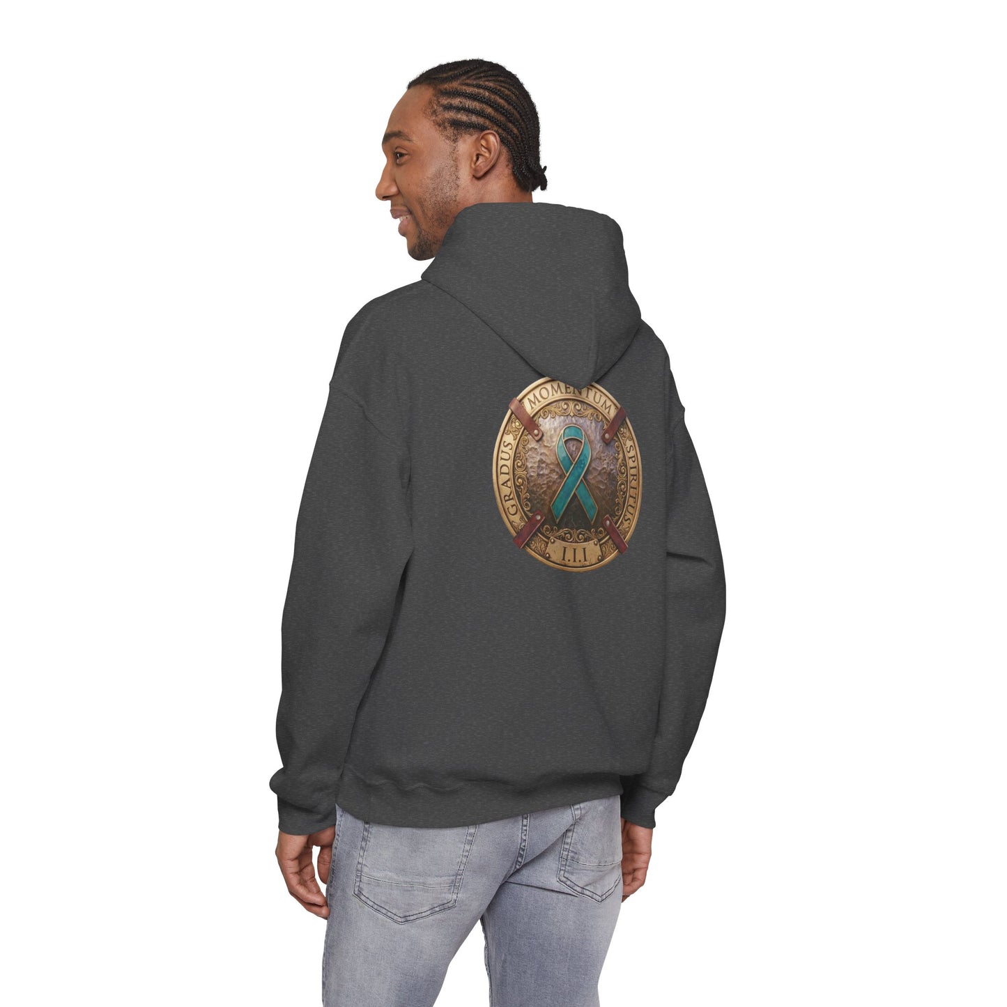 Pullover  Hoodie: "1 Momentum (Moment), 1 Spiritus (Breath), 1 Gradus (Step)" PTSD Awareness Teal Support Ribbon