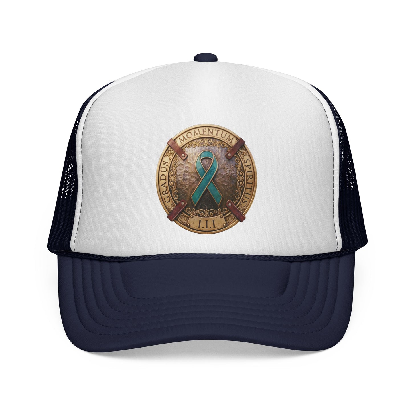 Trucker Hat: "1 Moment • 1 Breath • 1 Step" PTSD Awareness Teal Support Ribbon