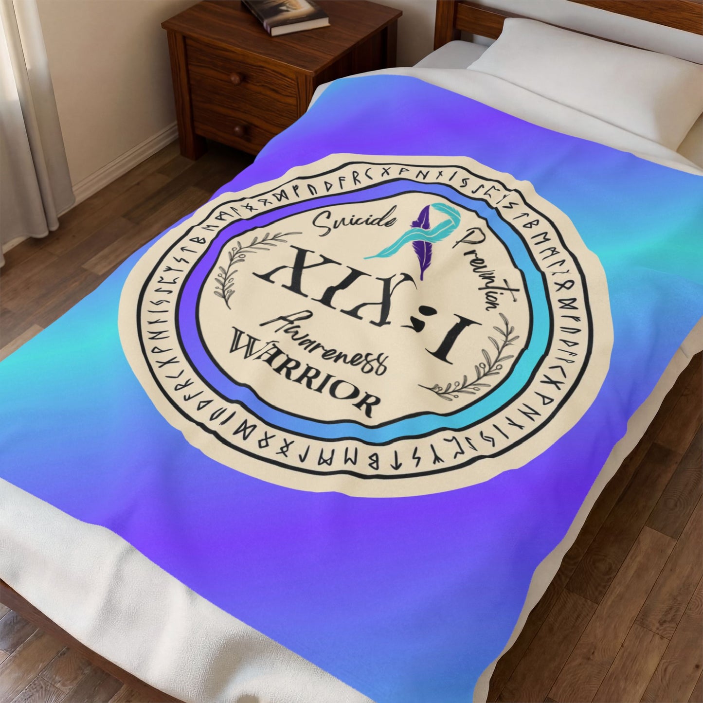 Velveteen Plush Blanket: Vibrant Suicide Awareness Warrior XIX;I Teal & Purple Support Ribbon