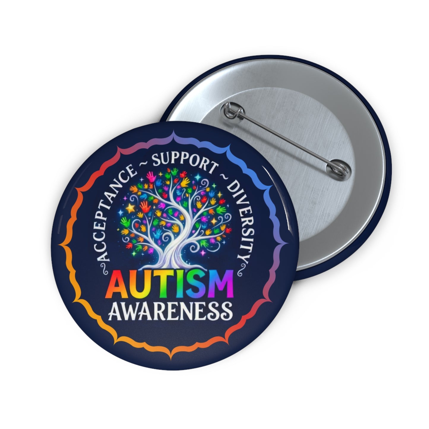 Pin Button: "Autism Awareness"  Rainbow Tree Acceptance & Diversity Badge
