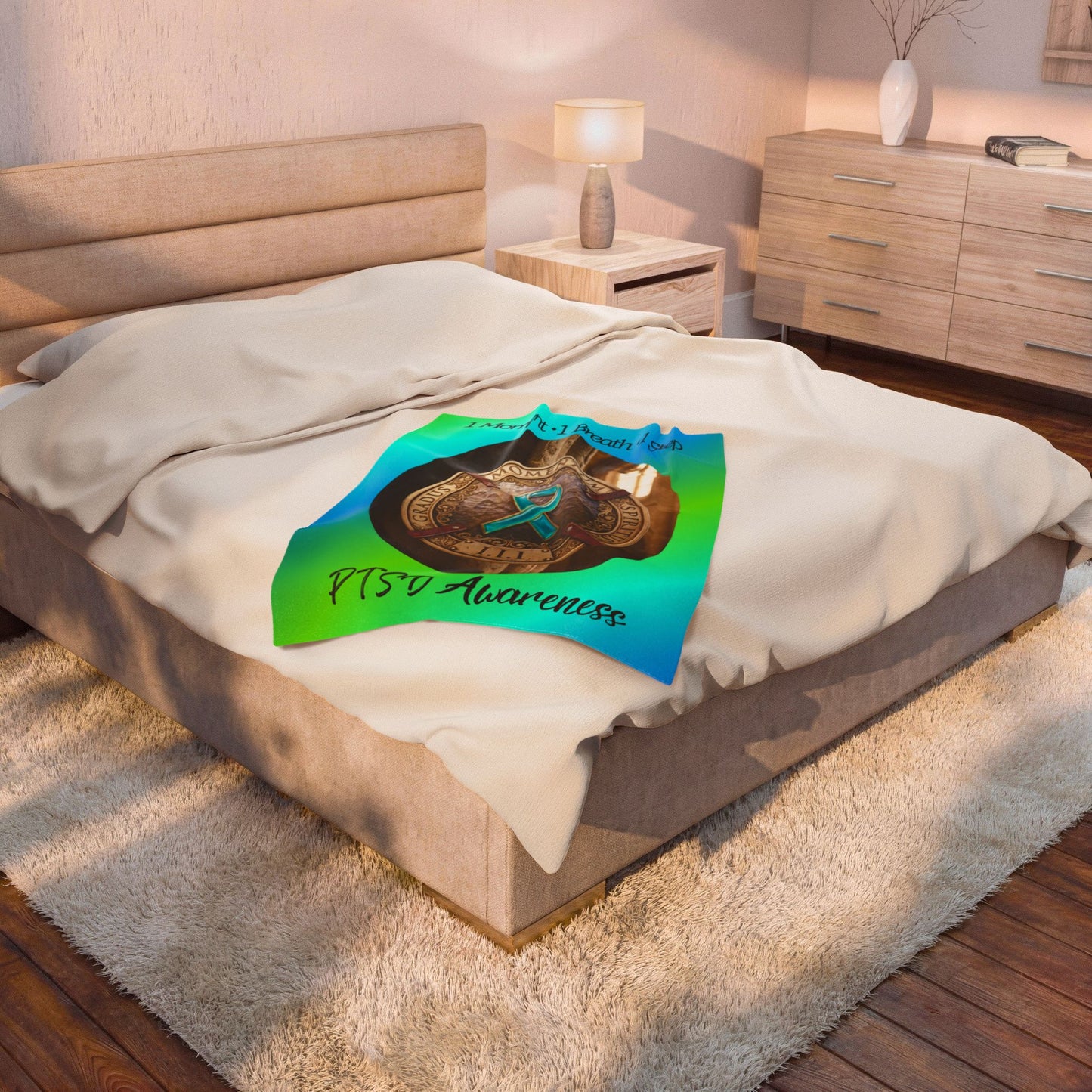 Velveteen Plush Blanket: "1 Moment • 1 Breath • 1 Step" PTSD Awareness Teal Ribbon Comfort Throw