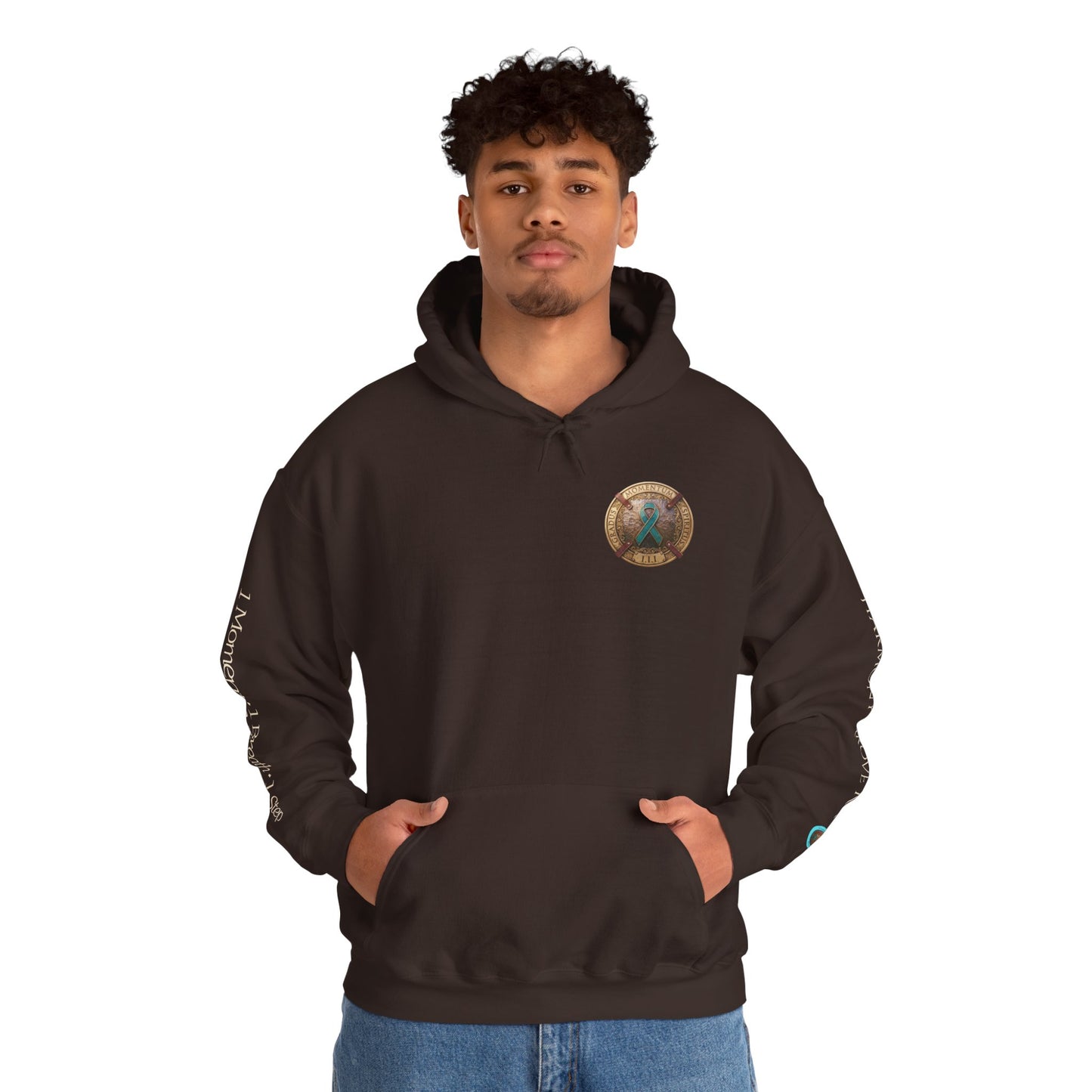 Pullover  Hoodie: "1 Momentum (Moment), 1 Spiritus (Breath), 1 Gradus (Step)" PTSD Awareness Teal Support Ribbon