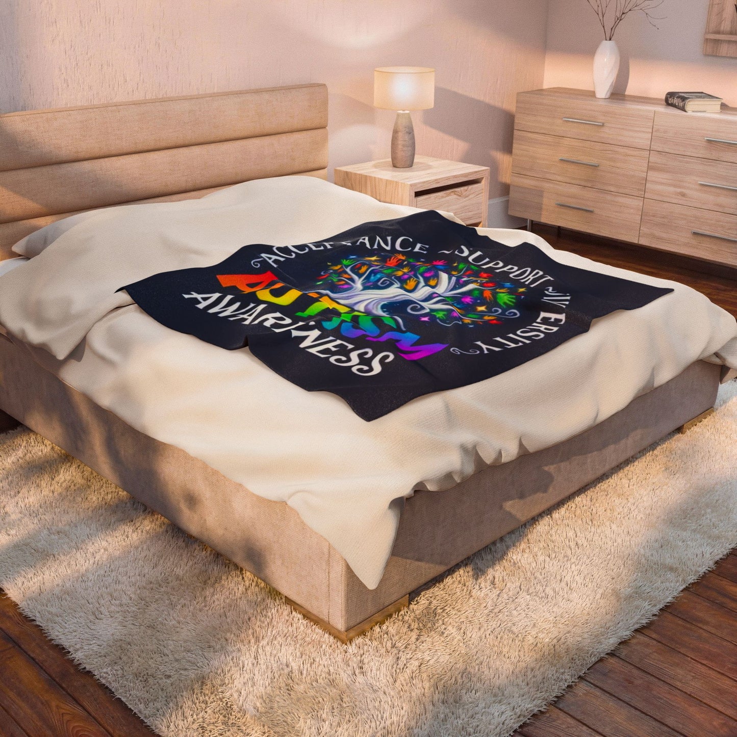 Autism Awareness Velveteen Plush Blanket "Acceptance • Support • Diversity" Rainbow Tree